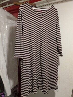 Gudrun Sjödén Striped V-Neck Midi Dress L Lagenlook Black Beige